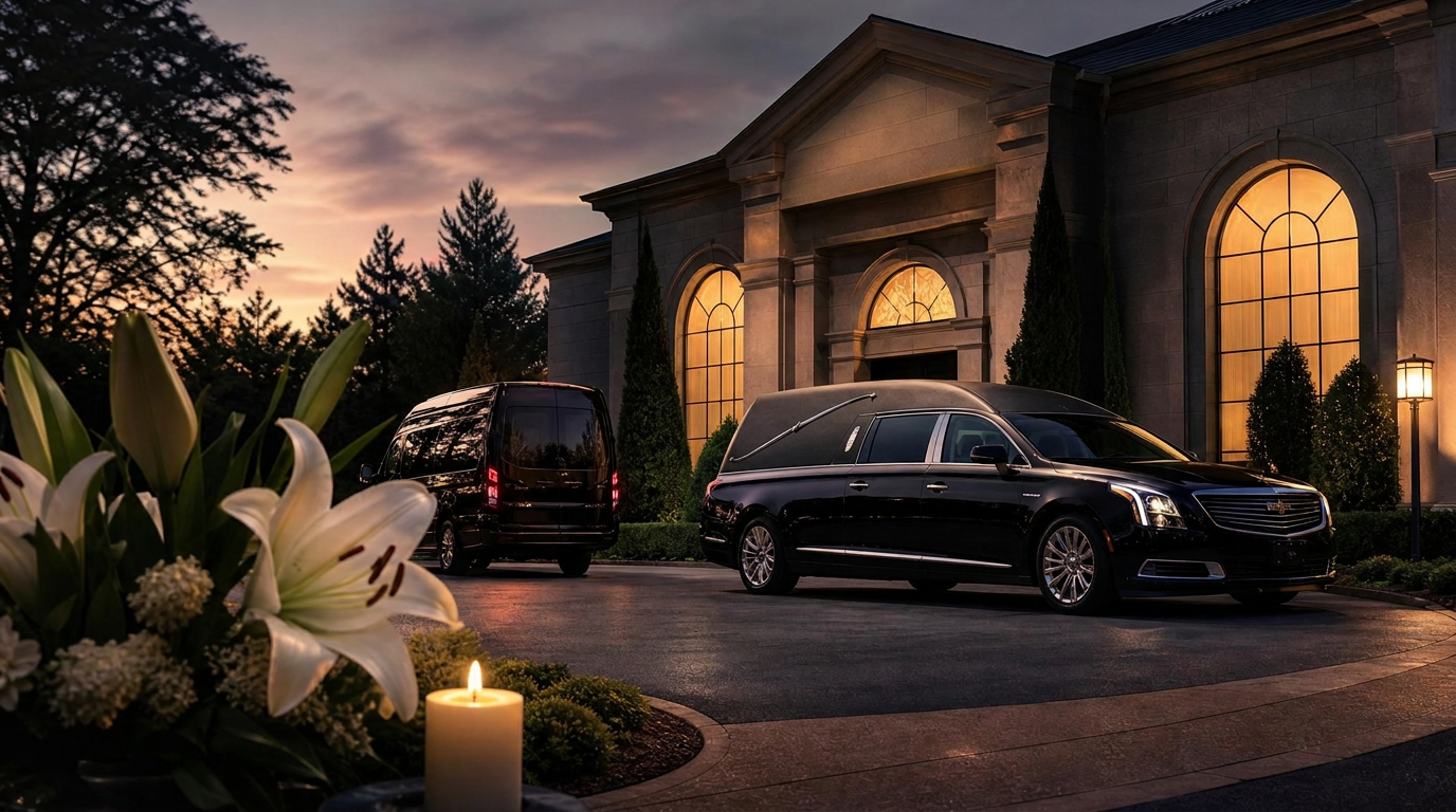 Elegant funeral chapel at dusk with a hearse, transport vehicle, white lilies and candle